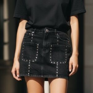 Zara Black Denim Mini Skirt with Metal Studs and Side Zipper
